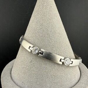 Vintage Speidel Link Bracelet Silver Tone Cubic Zirconia Brushed Bar 7.5"